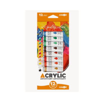 Sada 12 akrylových farieb v tubách po 12 ml – jasné odtiene, riediteľné vodou.