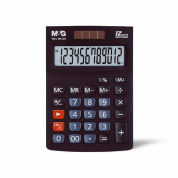 Čierna stolová kalkulačka M&G MGC-MX12B s 12-miestnym LCD displejom a solárnym napájaním.