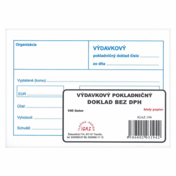 Výdavkový pokladničný doklad A6 bez DPH obyčajný v bloku 100 listov.