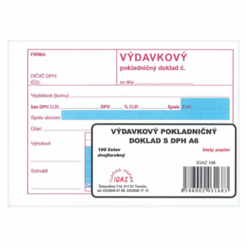 Dvojfarebný výdavkový pokladničný doklad A6 s DPH v bloku 100 listov.