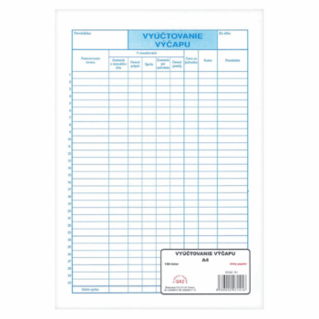 Vyúčtovanie výčapu A4 – blok so 100 listami pre evidenciu predaja a spotreby nápojov.
