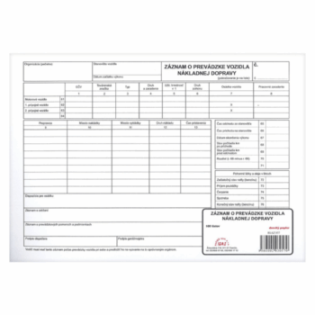 Záznam o prevádzke vozidla nákladnej dopravy A4 – tlačivo 100 listov.